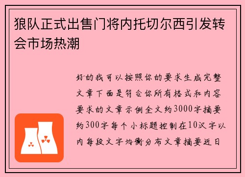 狼队正式出售门将内托切尔西引发转会市场热潮